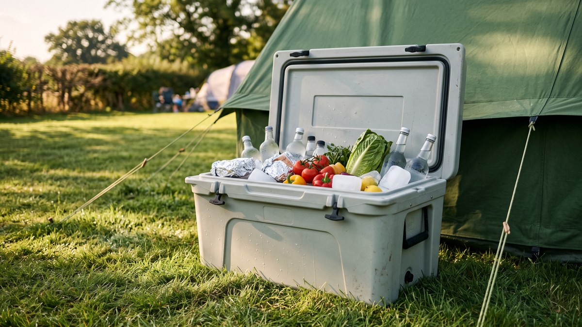 Open cool box packed with ice blocks and food in the shade of a tent on a UK campsite