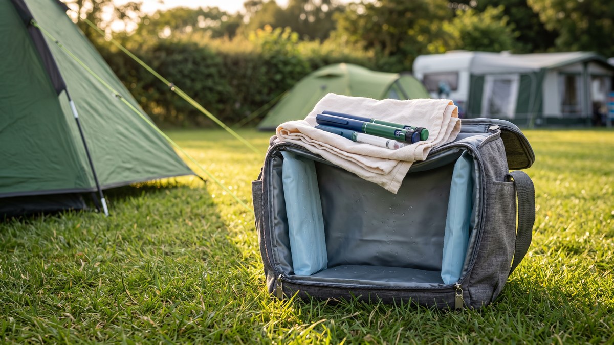Insulin pens wrapped in cloth kept cool in a camping cool bag with ice packs to keep insulin cool while camping in the UK