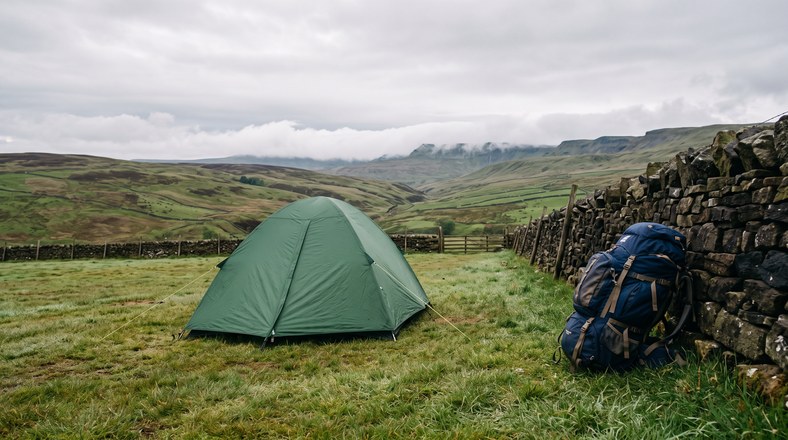 Two-person tent and packed rucksack on a UK campsite field, the setup a DofE Bronze expedition kit list must cover