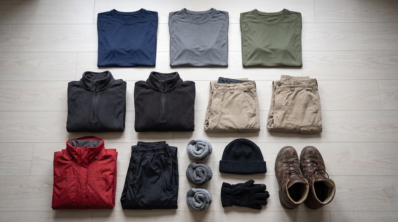 No-cotton clothing layers, waterproofs and broken-in walking boots packed for a DofE Bronze expedition
