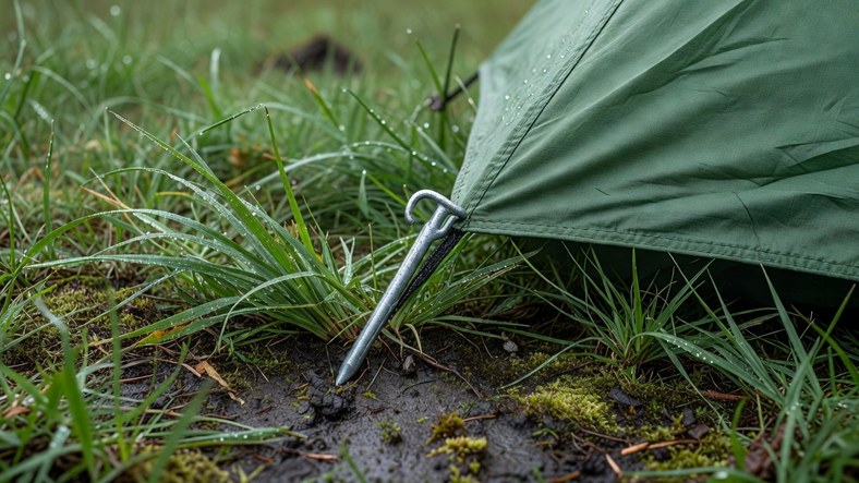 Windward tent corner pegged first at 45 degrees into wet UK turf