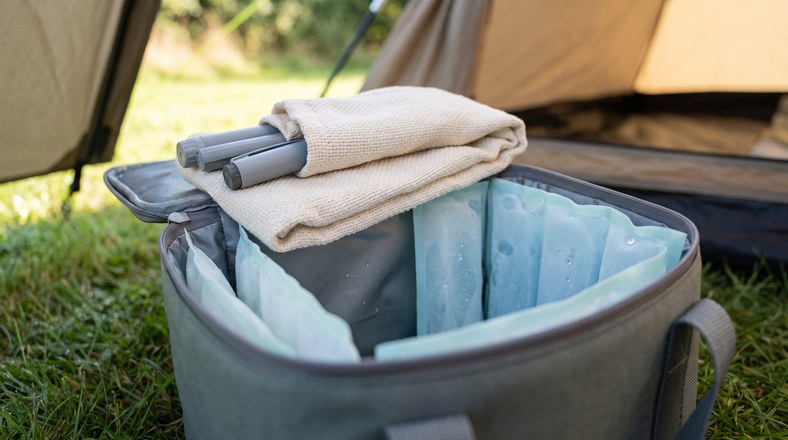 Cloth-wrapped insulin pens kept apart from frozen ice packs in a cool box to keep insulin cool while camping without freezing it