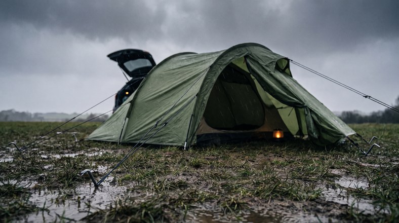 Pitching a tent in heavy rain on a waterlogged UK campsite with taut guylines and steel pegs