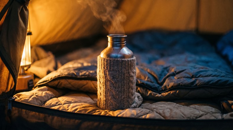 Hot water bottle wrapped in a wool sock at the foot of a sleeping bag to stay warm in a tent