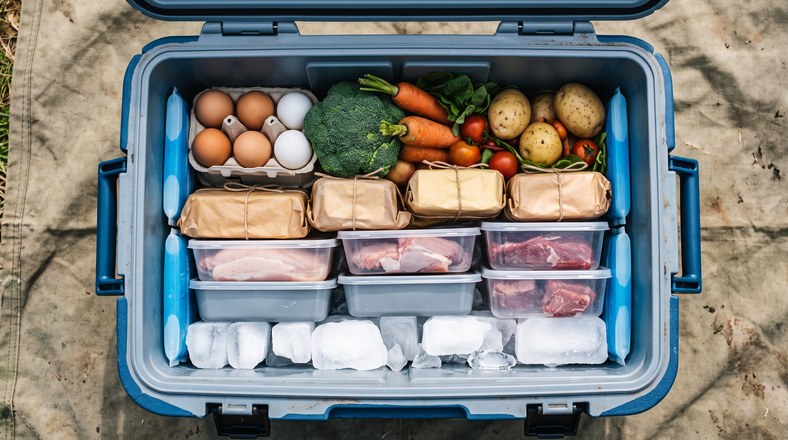 Cool box packed in layers with ice blocks at the base, sealed raw meat below and salad on top