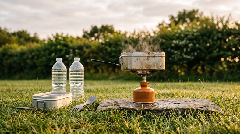Mess tin steaming on a camping stove with water bottles beside it, the DofE Bronze cooking and eating kit in use