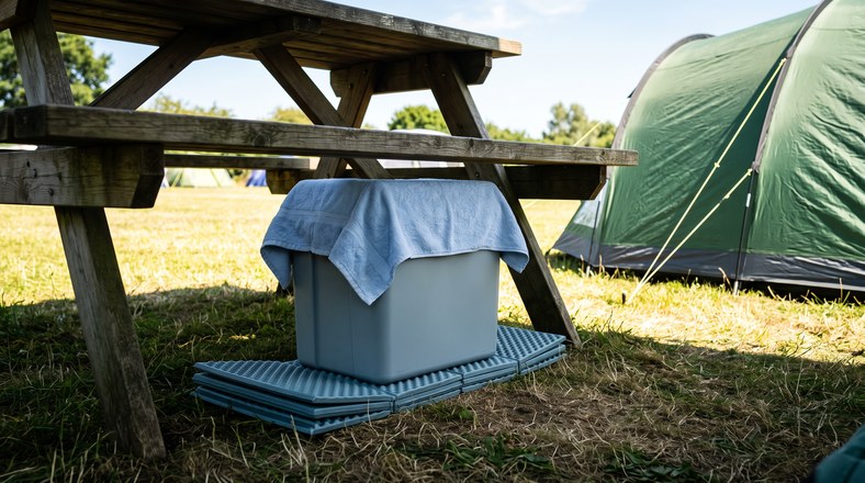 Closed cool box kept in shade under a picnic bench and raised off the grass on a foam mat