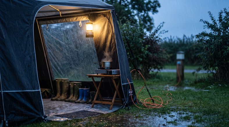 Awning porch with wellies on a waterproof mat, a camping stove and a lantern while camping in the rain in the UK