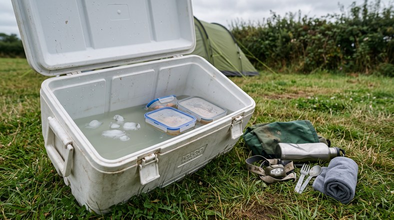 Cool box full of meltwater at the end of a camping trip with food set out on the grass to sort